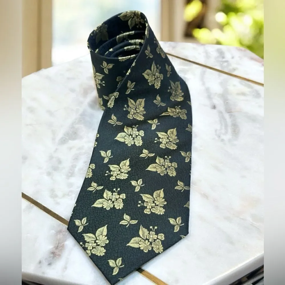 🔥 Valentino 100% Silk Floral Gold Accents Tie